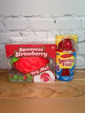 Sunny Days Giant Squeezy Strawberry Squishy and Swedish Fish Squishy Toy Bundle